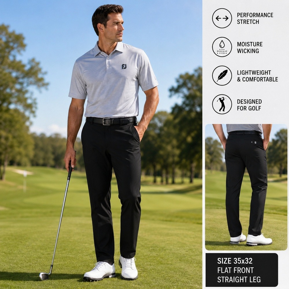 Footjoy Pants Mens Golf Pants Black 35x32 Strech Flat Front Straight Leg
